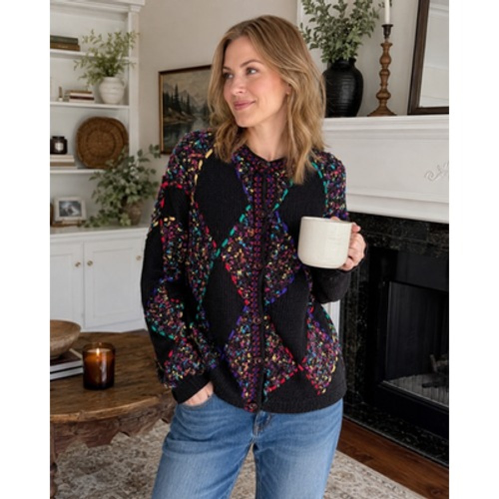 Vintage Pendleton Knocabouts Cardigan L Black Confetti Ribbon Trim Sweater